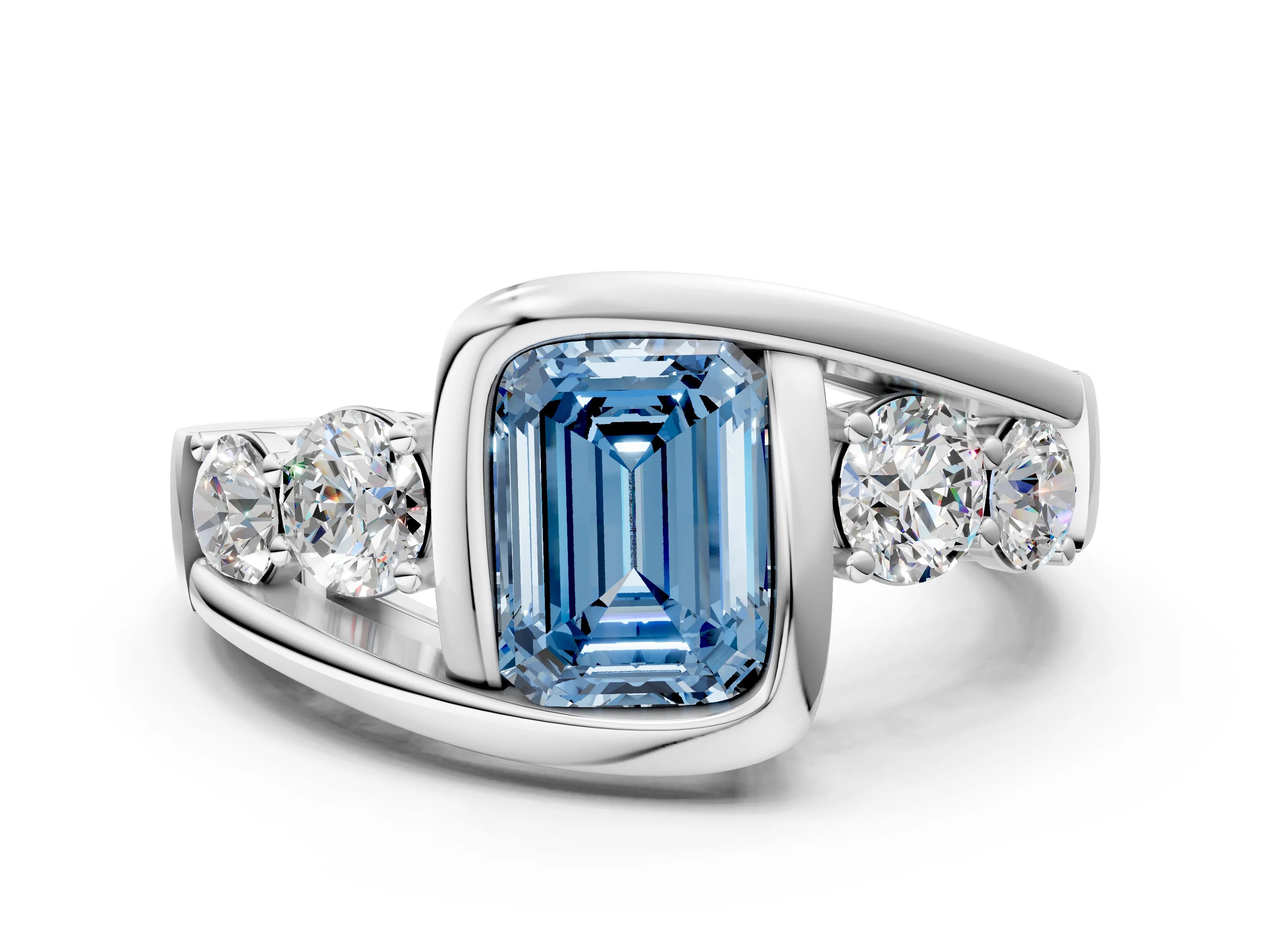 White gold Bezel Set Fancy Blue Emerald Cut Diamond Split Shank Ring