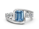 White gold Bezel Set Fancy Blue Emerald Cut Diamond Split Shank Ring
