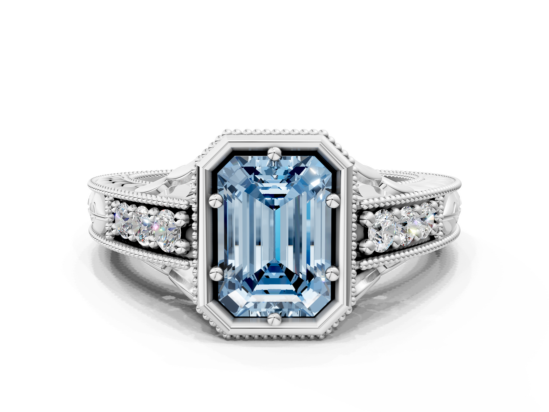 White gold Bezel Set Fancy Blue Emerald  Diamond Milgrain Pave Engagement Ring_33