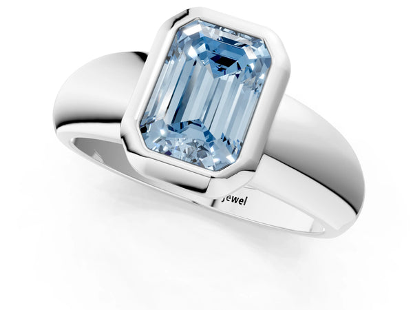 White gold Bezel Set Fancy Blue Emerald  Solitaire Ring with Wide Band