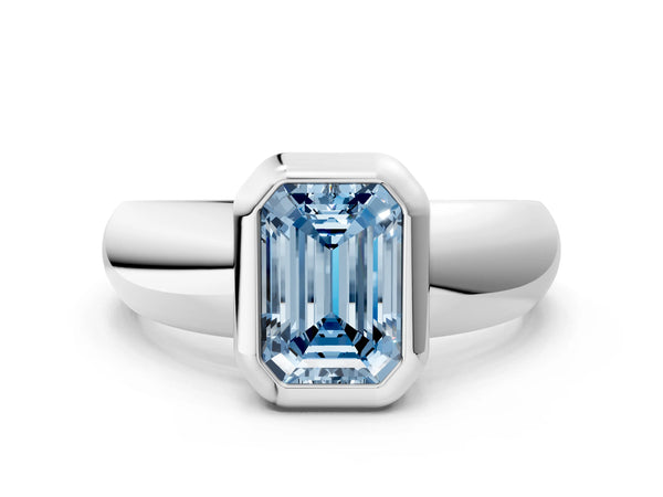 White gold Bezel Set Fancy Blue Emerald  Solitaire Ring with Wide Band