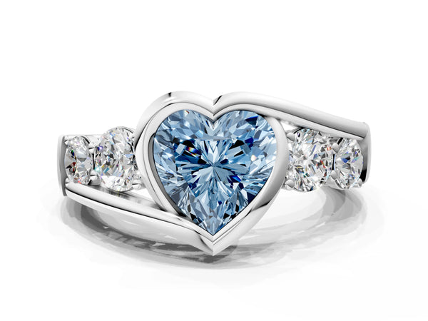 White Gold Heart-Shaped Bezel Bypass Engagement Ring Setting for Fancy Blue Center