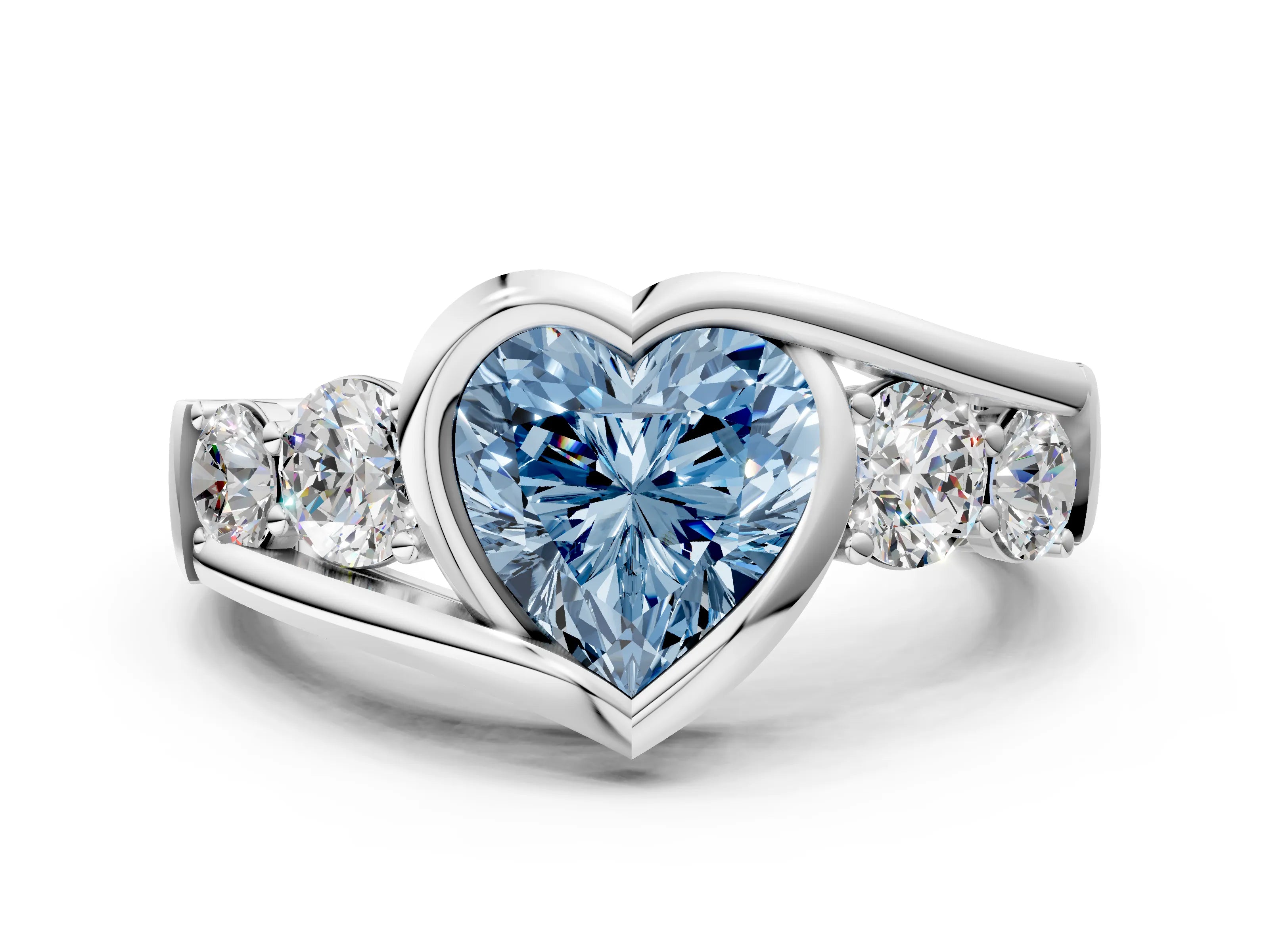 White gold Bezel Set Fancy Blue Heart Cut Diamond Split Shank Ring