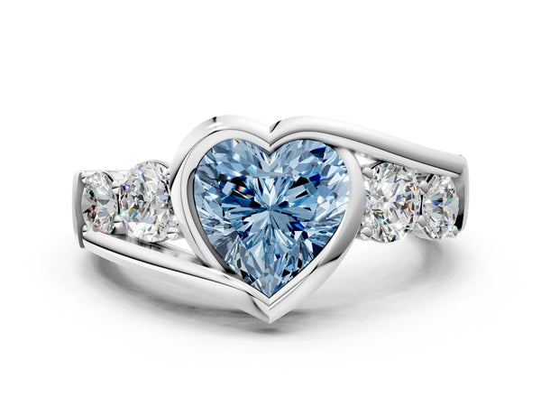 White Gold Heart-Shaped Bezel Bypass Engagement Ring Setting for Fancy Blue Center