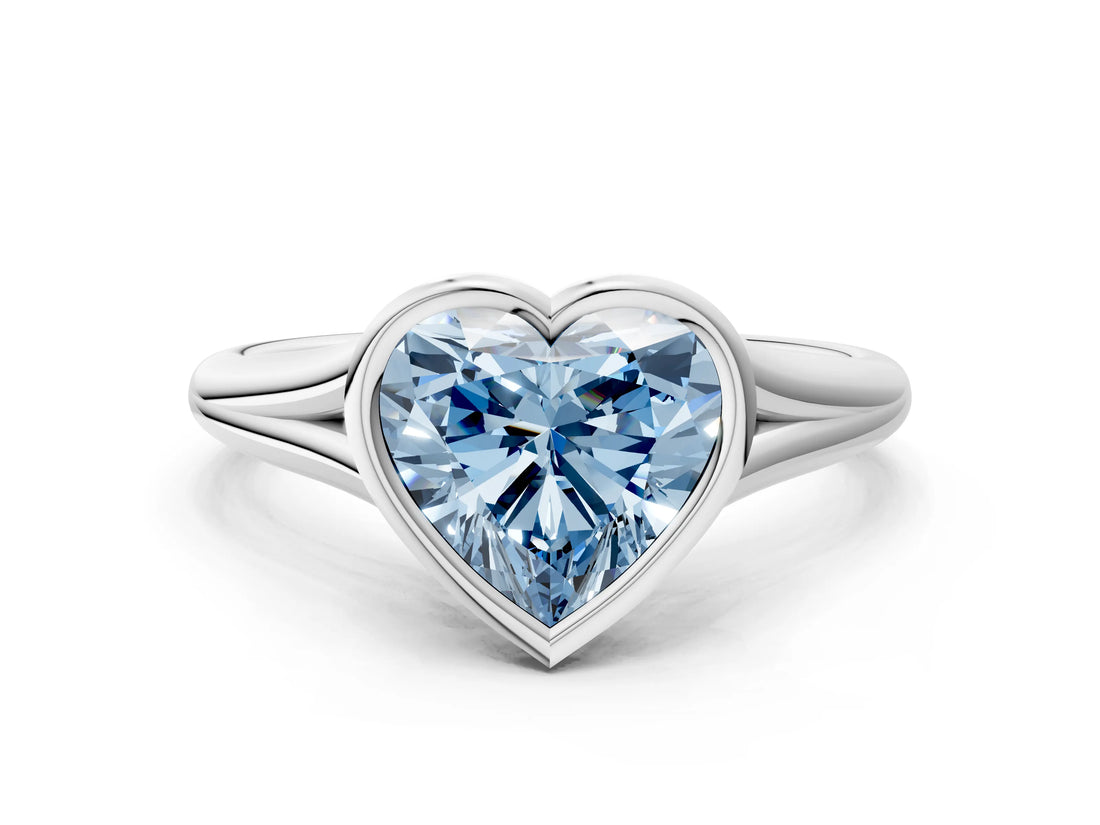 White gold Bezel Set Fancy Blue Heart  Cut Solitaire Ring with Tapered Band