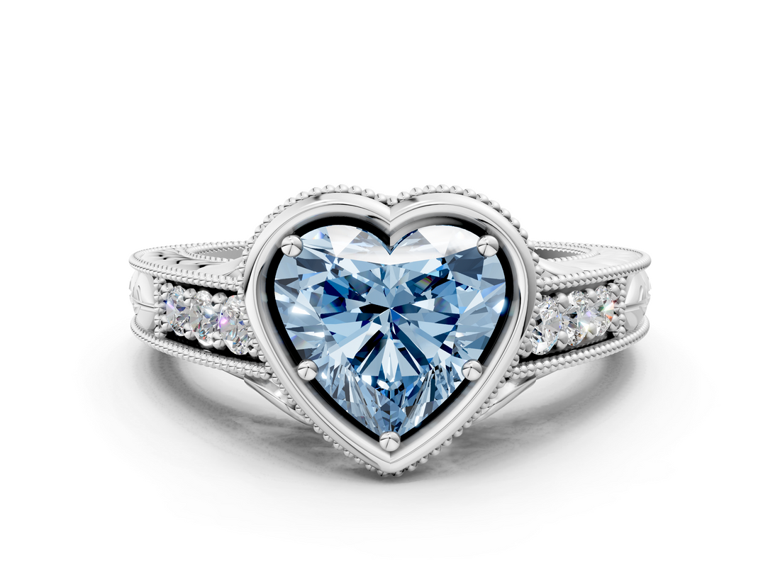 White gold Bezel Set Fancy Blue Heart  Diamond Milgrain Pave Engagement Ring_30