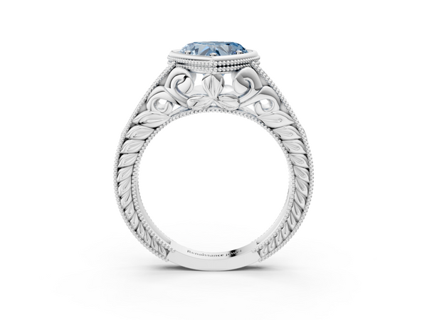 Platinum Bezel Set Fancy Blue Heart  Diamond Milgrain Pave Engagement Ring