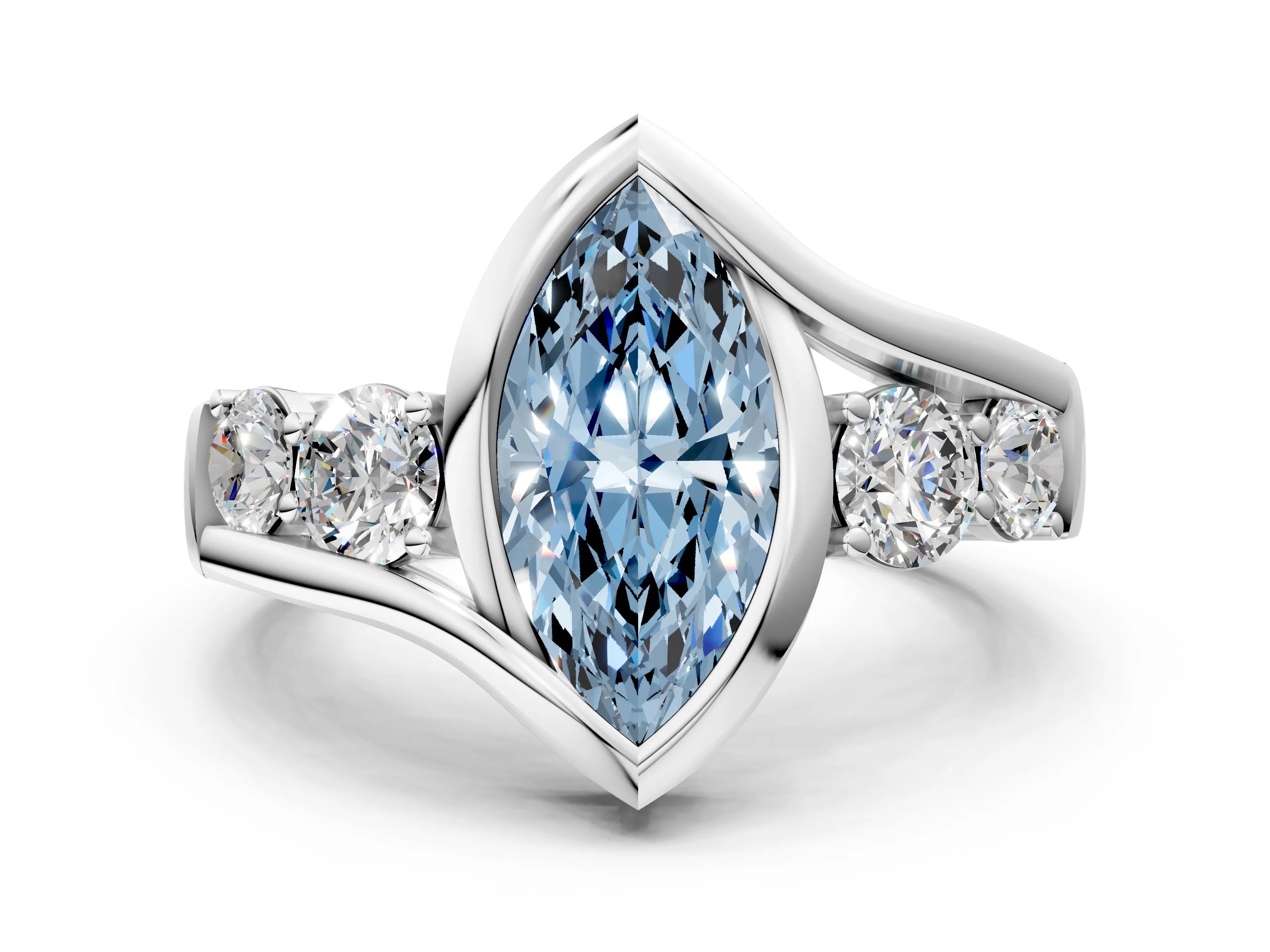 White gold Bezel Set Fancy Blue Marquise Cut Diamond Split Shank Ring_24