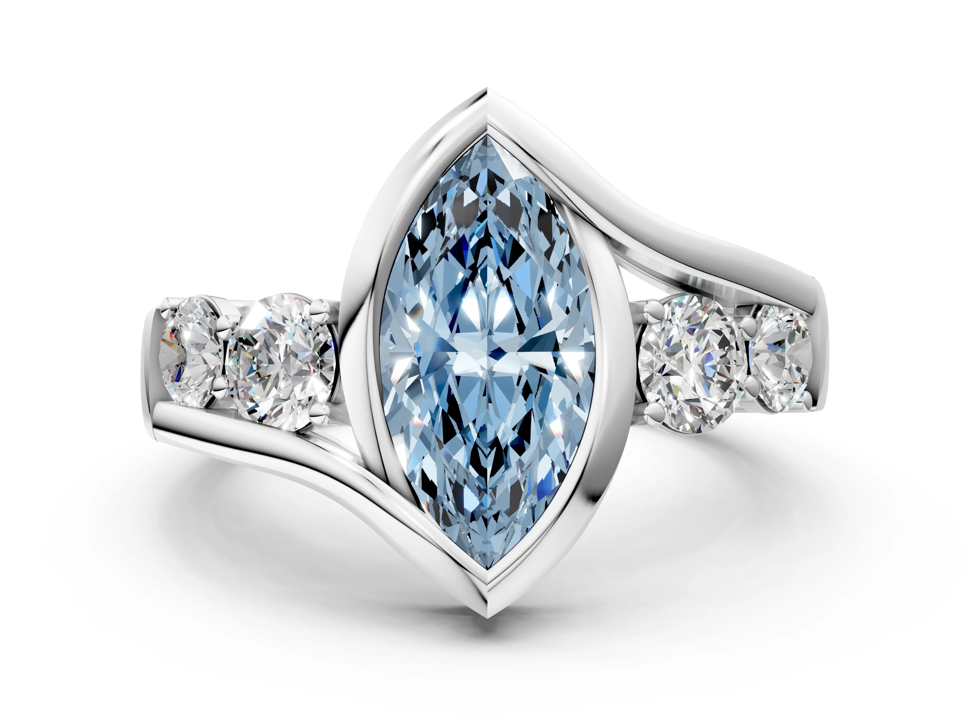 White gold Bezel Set Fancy Blue Marquise Cut Diamond Split Shank Ring