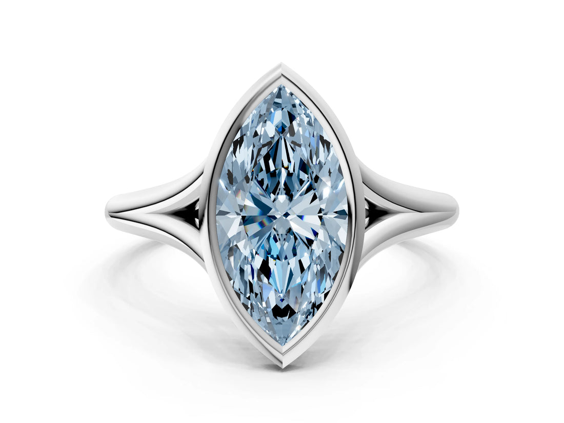 White gold Bezel Set Fancy Blue Marquise  Cut Solitaire Ring with Tapered Band 2