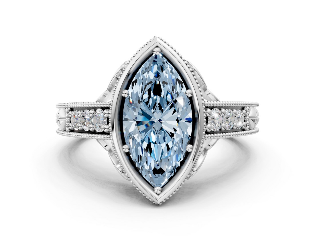 White gold Bezel Set Fancy Blue Marquise  Diamond Milgrain Pave Engagement Ring_33