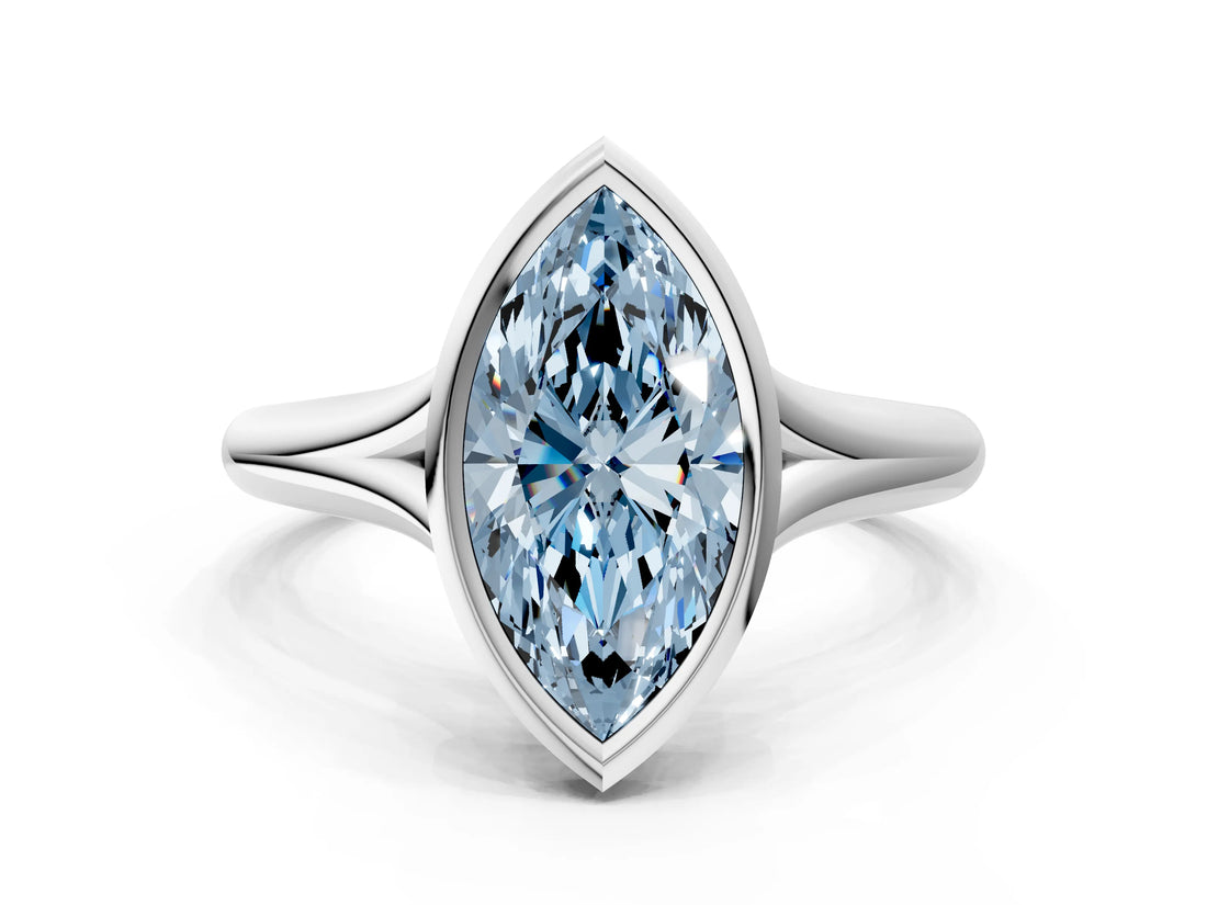 White gold Bezel Set Fancy Blue Marquise  Solitaire Diamond Ring with Smooth Band 1