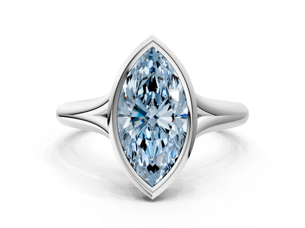 White gold Bezel Set Fancy Blue Marquise  Solitaire Diamond Ring with Smooth Band