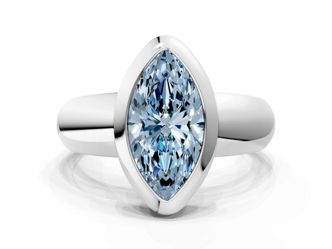 White gold Bezel Set Fancy Blue Marquise  Solitaire Ring with Wide Band 1