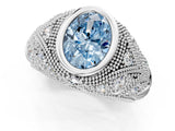 White gold Bezel Set Fancy Blue Oval Cut Diamond Milgrain Band Ring_1