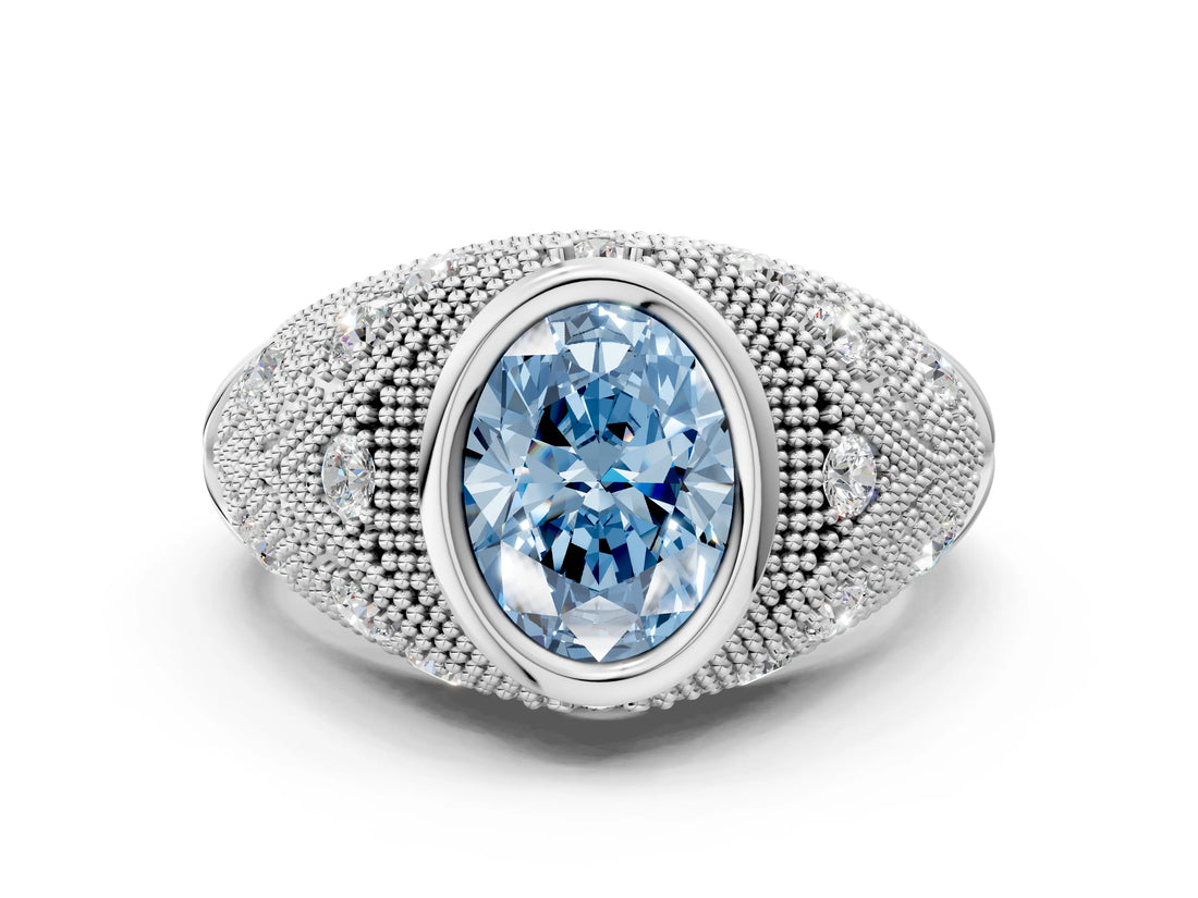 White gold Bezel Set Fancy Blue Oval Cut Diamond Milgrain Band Ring