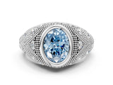 White gold Bezel Set Fancy Blue Oval Cut Diamond Milgrain Band Ring