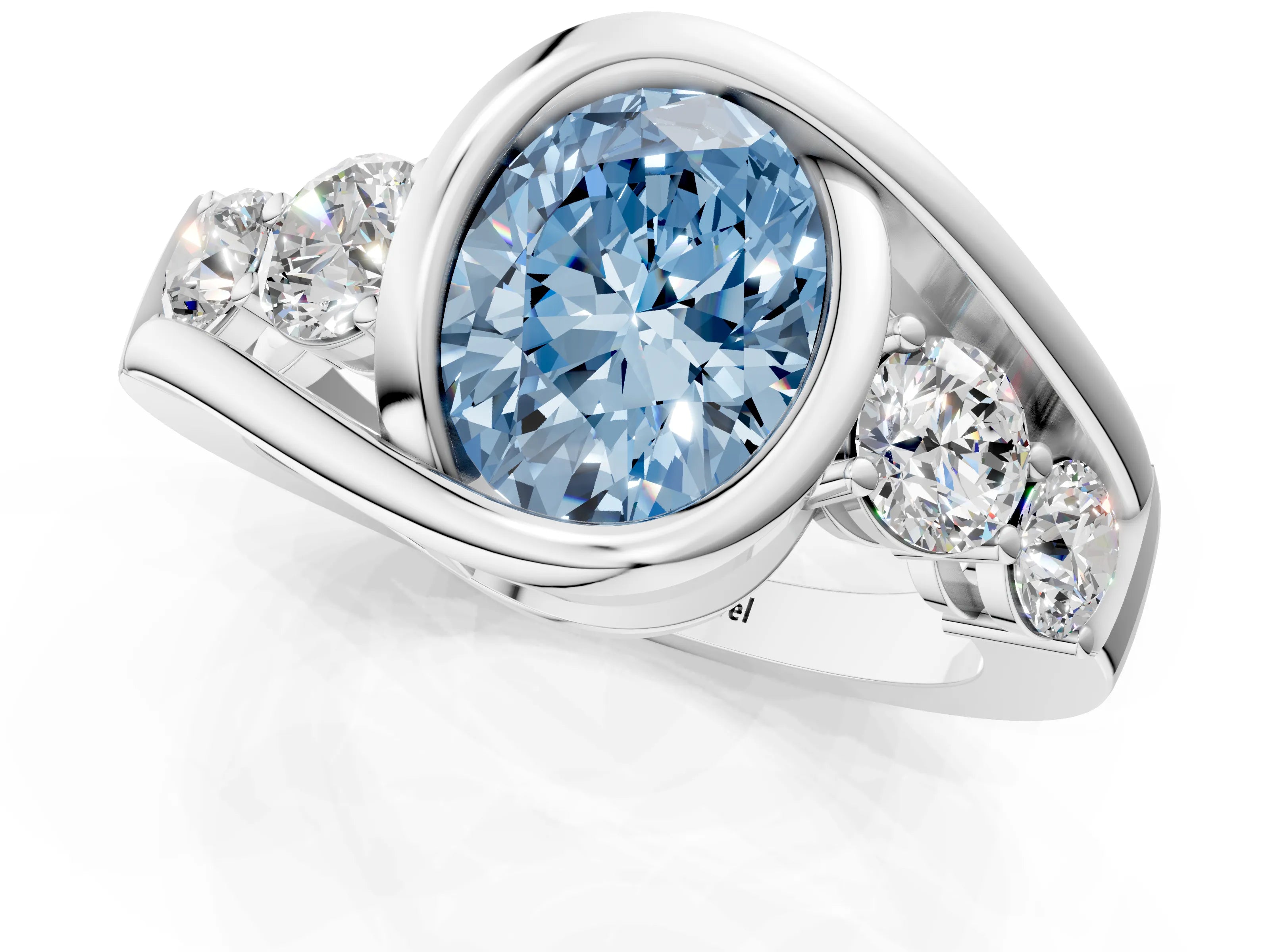 White gold Bezel Set Fancy Blue Oval Cut Diamond Split Shank Ring_1