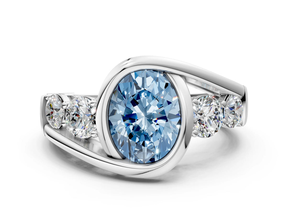 White gold Bezel Set Fancy Blue Oval Cut Diamond Split Shank Ring_24