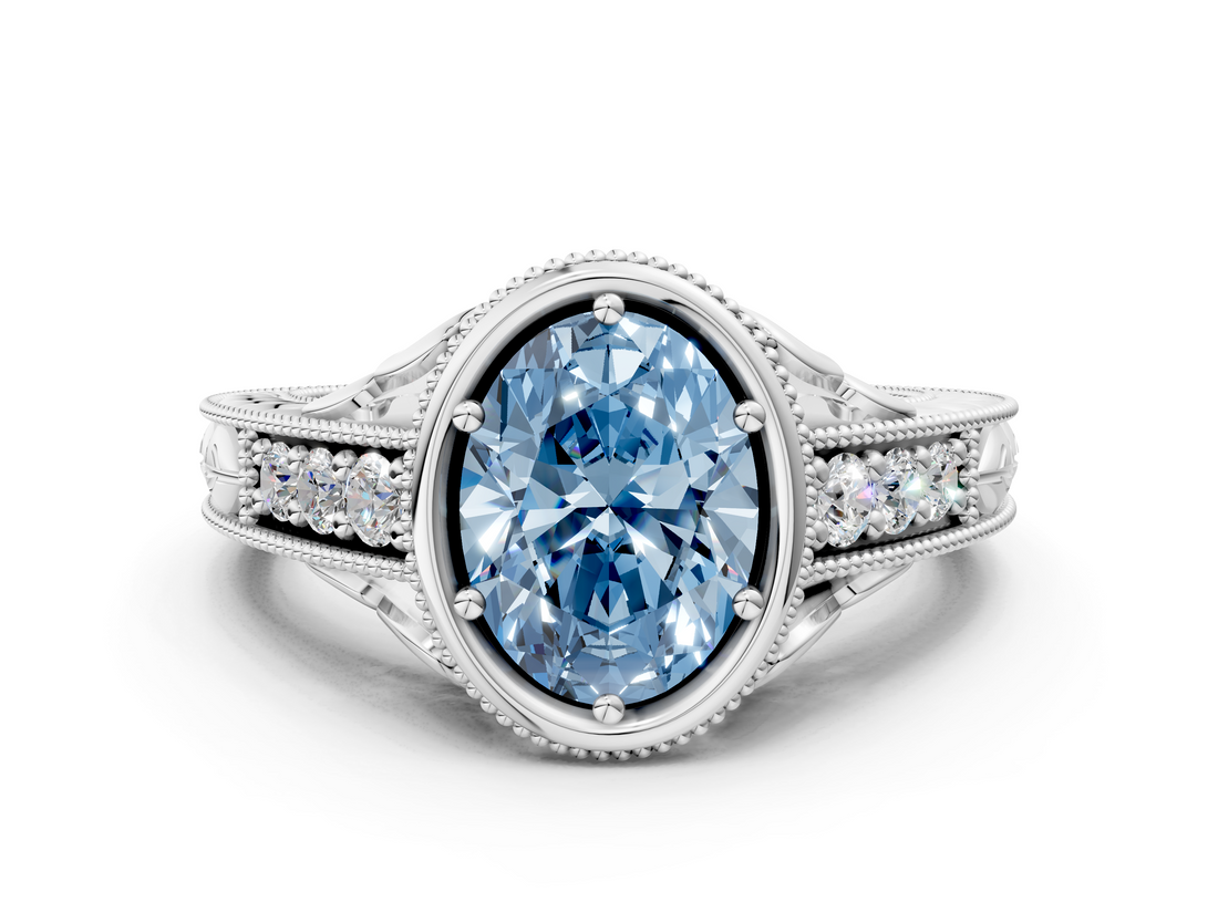 White gold Bezel Set Fancy Blue Oval  Diamond Milgrain Pave Engagement Ring_56