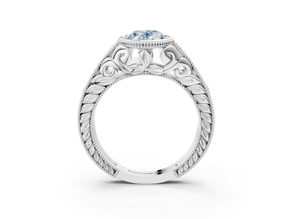 Platinum Oval Vintage Bezel Solitaire Engagement Ring Setting for Fancy Blue Center