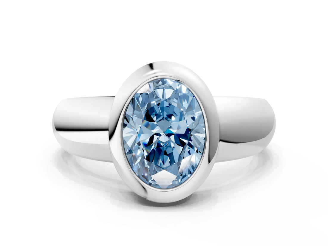 White gold Bezel Set Fancy Blue Oval  Solitaire Ring with Wide Band