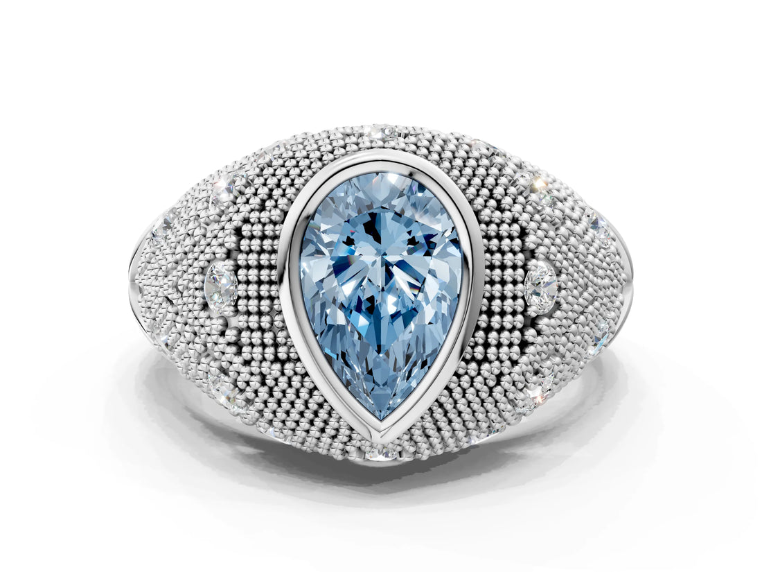 White gold Bezel Set Fancy Blue Pear Cut Diamond Milgrain Band Ring