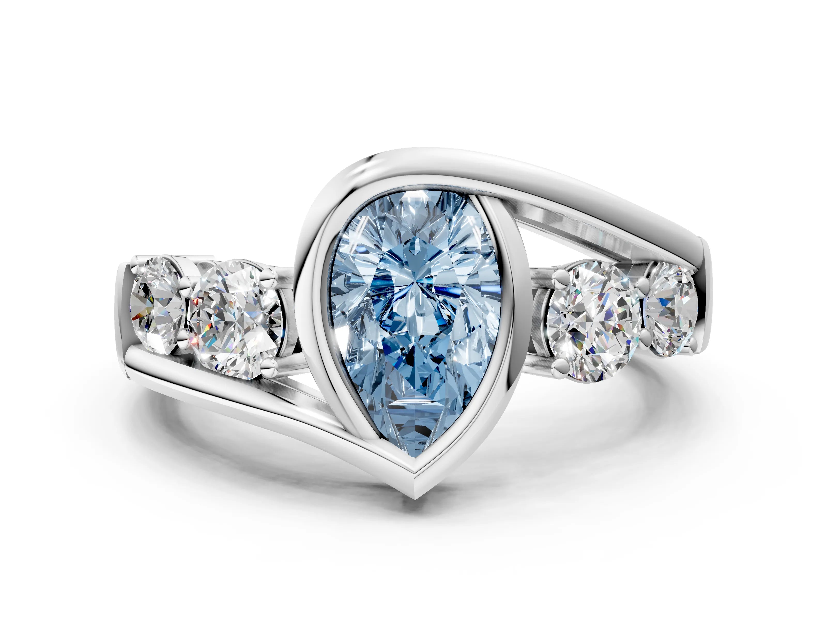 White gold Bezel Set Fancy Blue Pear Cut Diamond Split Shank Ring