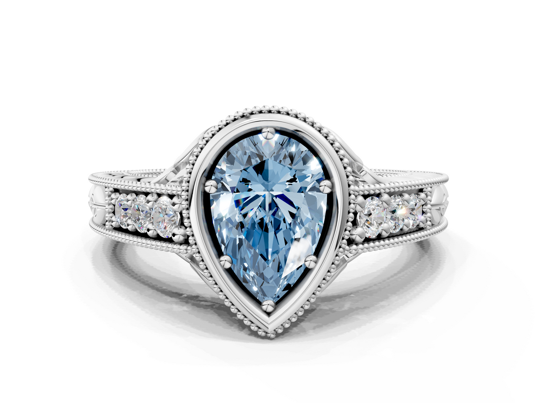 White gold Bezel Set Fancy Blue Pear  Diamond Milgrain Pave Engagement Ring_33