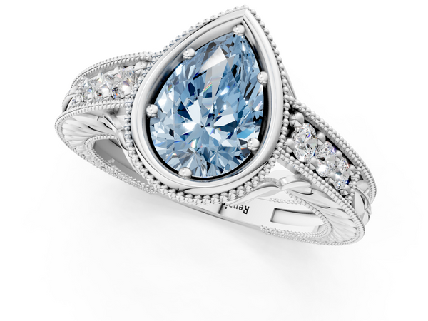 Platinum Bezel Set Fancy Blue Pear  Diamond Milgrain Pave Engagement Ring