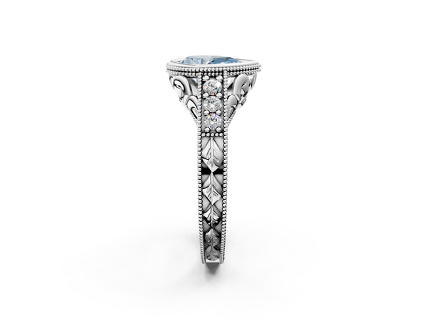 Platinum Bezel Set Fancy Blue Pear  Diamond Milgrain Pave Engagement Ring
