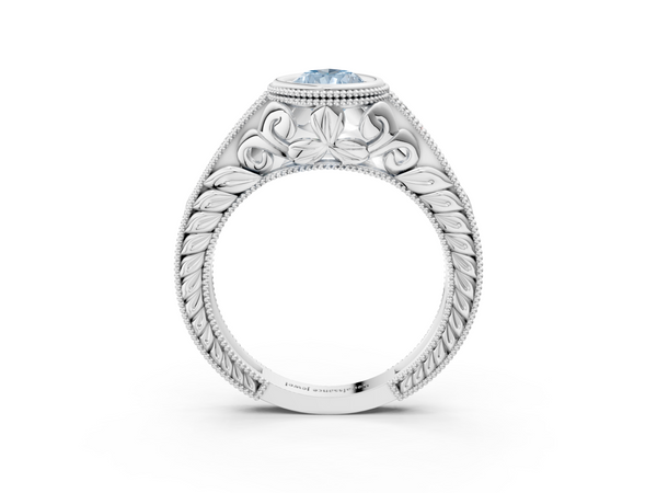 Platinum Bezel Set Fancy Blue Pear  Diamond Milgrain Pave Engagement Ring