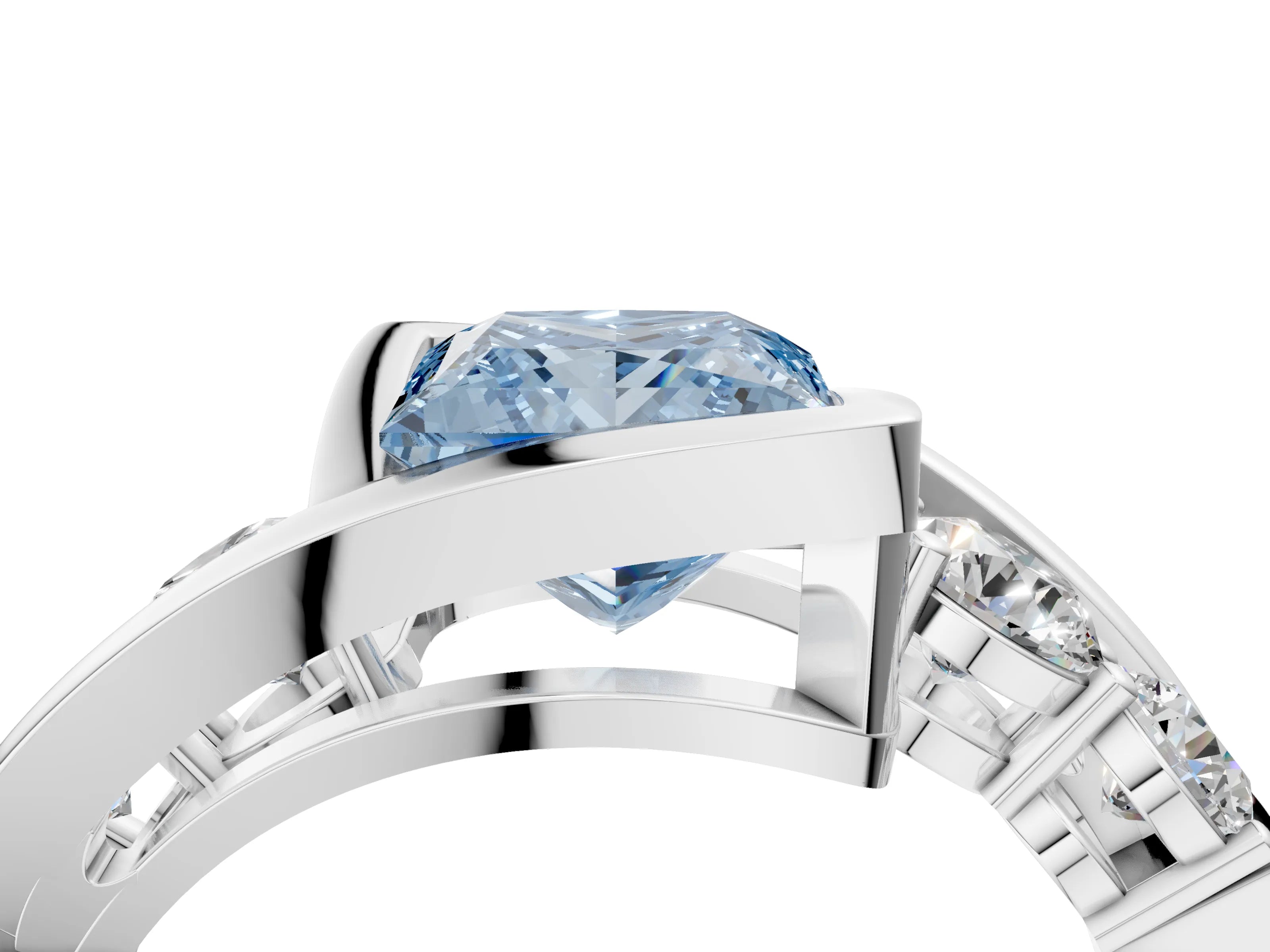White gold Bezel Set Fancy Blue Princess Cut Diamond Split Shank Ring_16