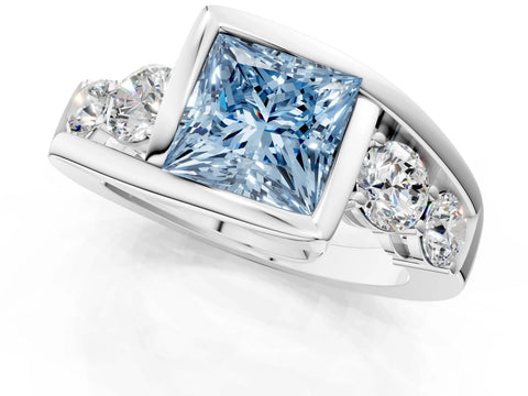 White gold Bezel Set Fancy Blue Princess Cut Diamond Split Shank Ring_1