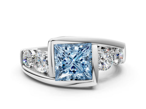 White gold Bezel Set Fancy Blue Princess Cut Diamond Split Shank Ring