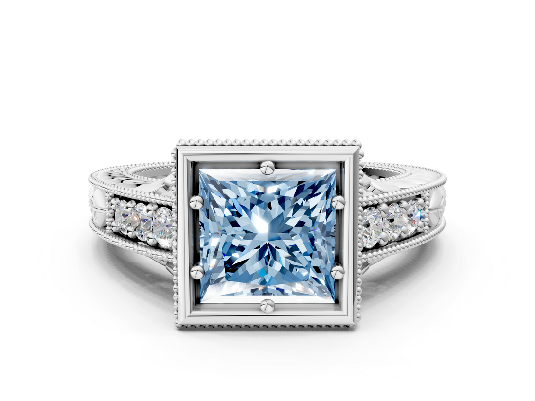 White gold Bezel Set Fancy Blue Princess  Diamond Milgrain Pave Engagement Ring_50