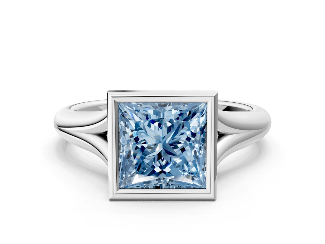 White gold Bezel Set Fancy Blue Princess  Solitaire Diamond Ring with Smooth Band