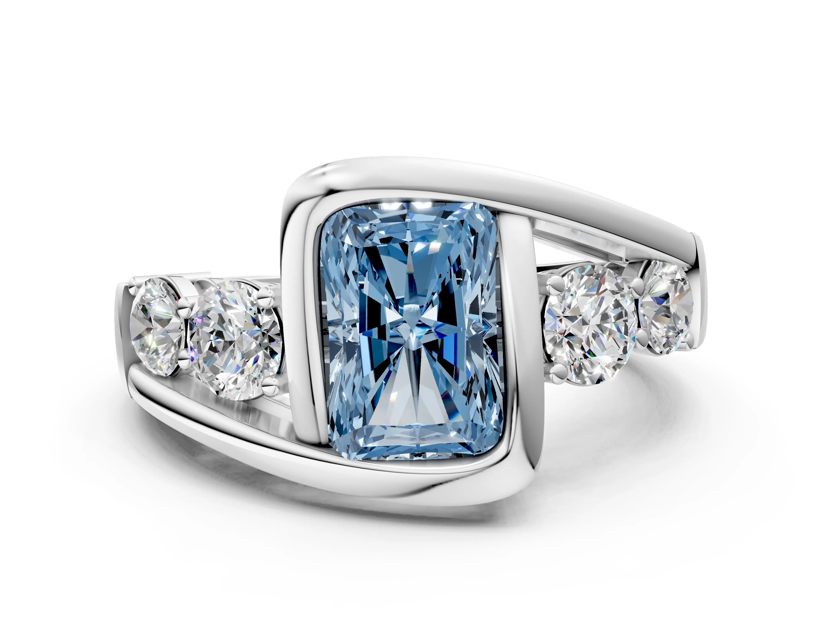 White gold Bezel Set Fancy Blue Radiant Cut Diamond Split Shank Ring