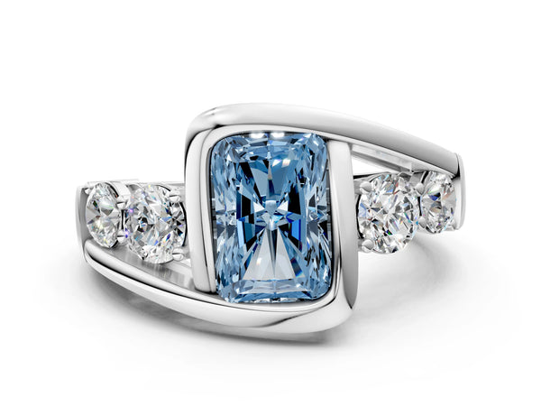 Platinum Bezel Set Fancy Blue Radiant Cut Diamond Split Shank Ring