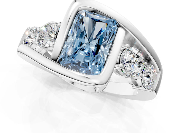 Platinum Bezel Set Fancy Blue Radiant Cut Diamond Split Shank Ring
