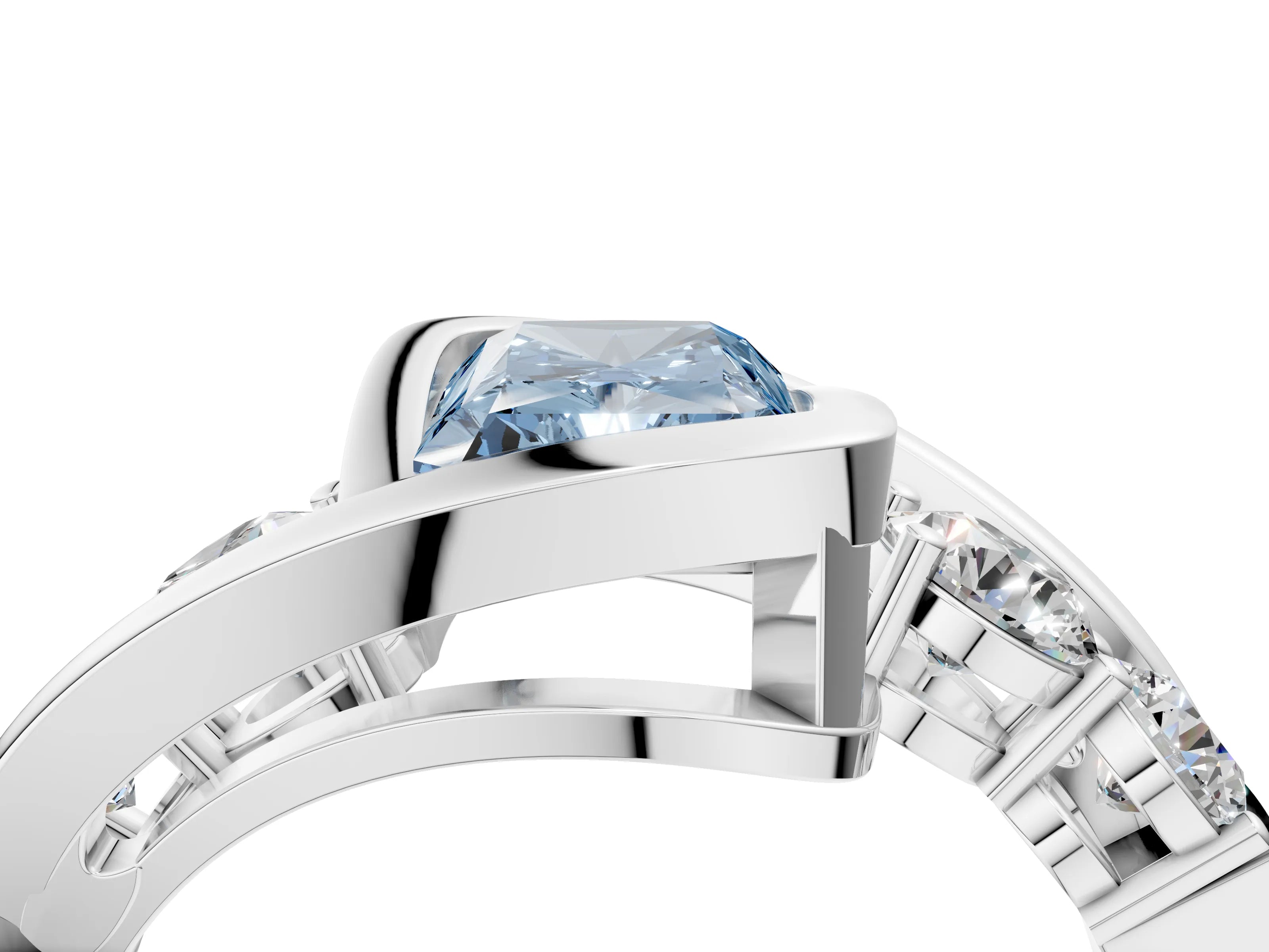 White gold Bezel Set Fancy Blue Radiant Cut Diamond Split Shank Ring_4