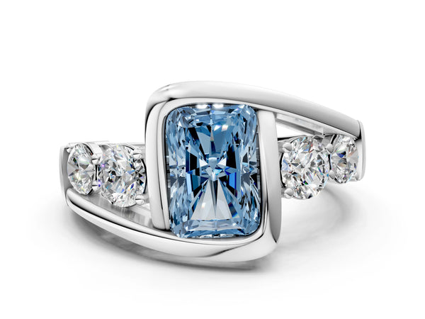 Platinum Bezel Set Fancy Blue Radiant Cut Diamond Split Shank Ring