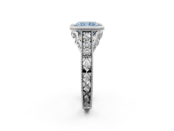 Platinum Bezel Set Fancy Blue Radiant  Diamond Milgrain Pave Engagement Ring