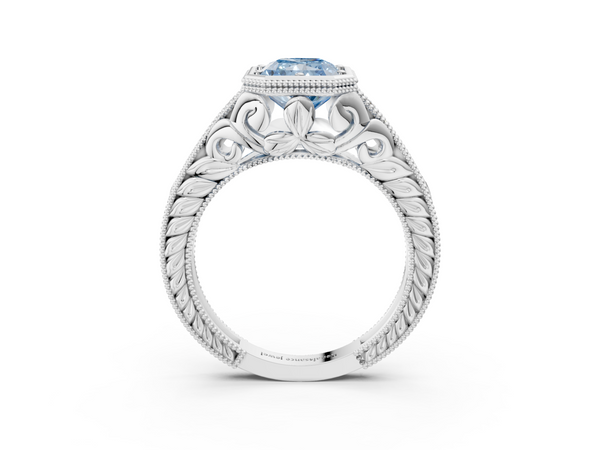 Platinum Bezel Set Fancy Blue Radiant  Diamond Milgrain Pave Engagement Ring