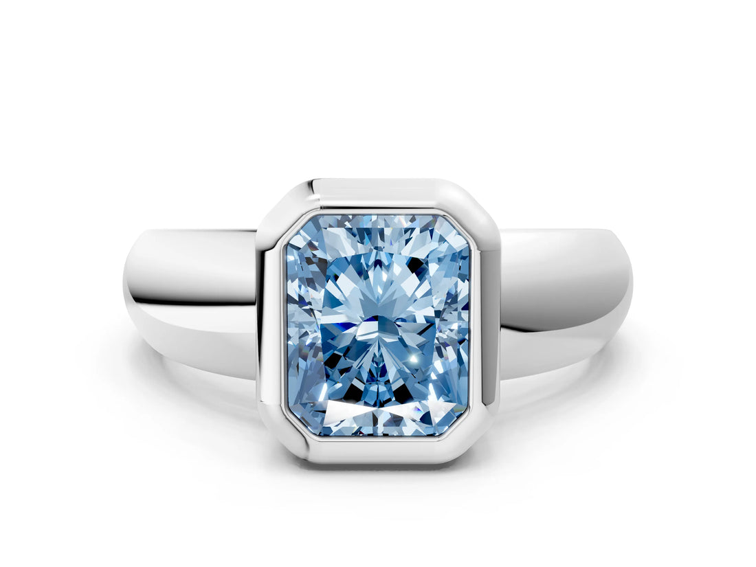White gold Bezel Set Fancy Blue Radiant  Solitaire Ring with Wide Band 1