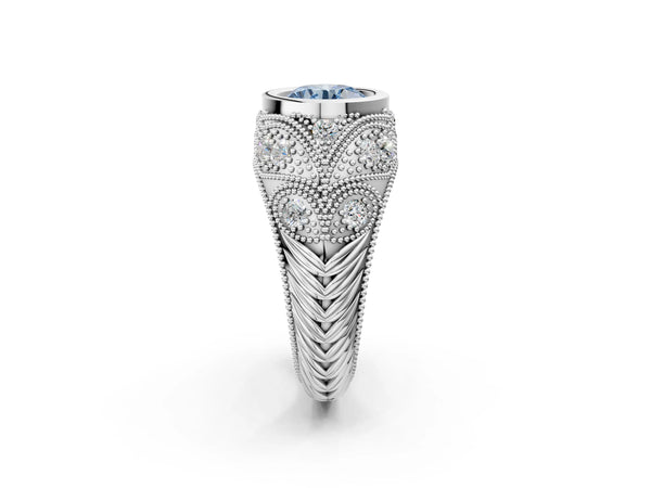 White gold Bezel Set Fancy Blue Round Cut Diamond Milgrain Band Ring