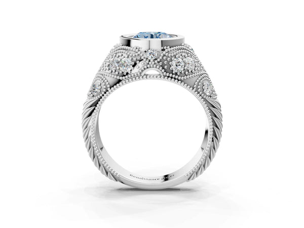 White gold Bezel Set Fancy Blue Round Cut Diamond Milgrain Band Ring