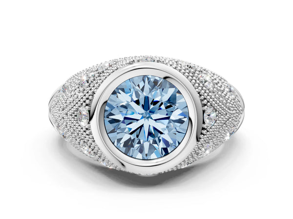 White gold Bezel Set Fancy Blue Round Cut Diamond Milgrain Band Ring