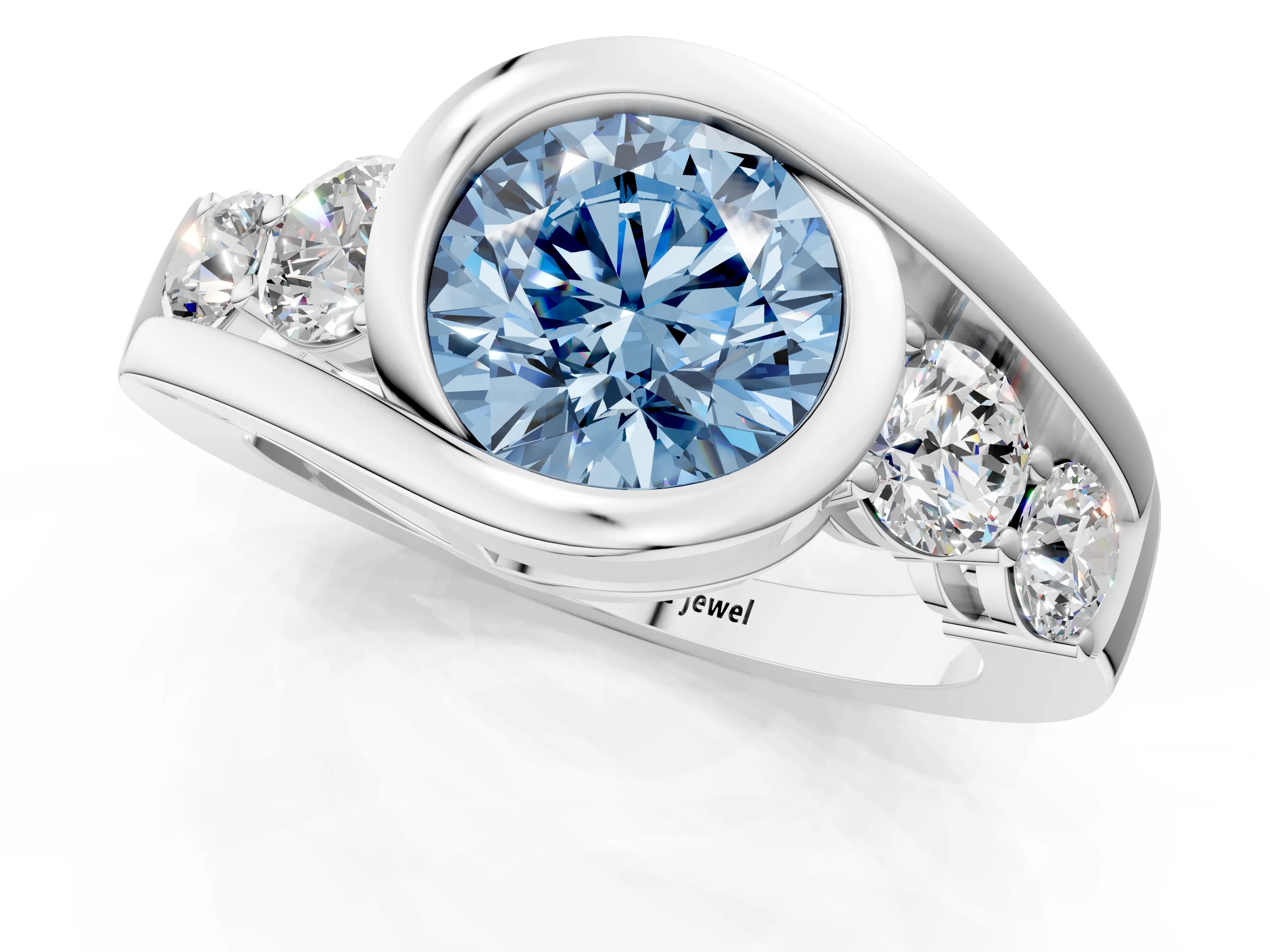 White gold Bezel Set Fancy Blue Round Cut Diamond Split Shank Ring_1