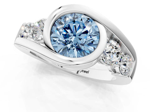 White gold Bezel Set Fancy Blue Round Cut Diamond Split Shank Ring_1